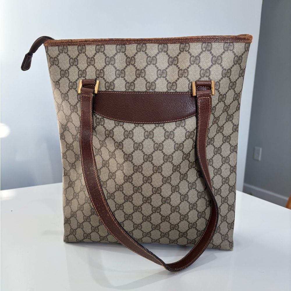 Gucci Vintage GG Supreme Monogram Canvas Shoulder Tote Brown Leather Trim Italy - Picture 6 of 10